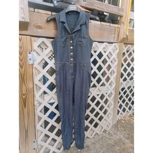 Vintage Y2K Dark Wash Denim Jumpsuit Sleeveless Button Front Medium Western Boho